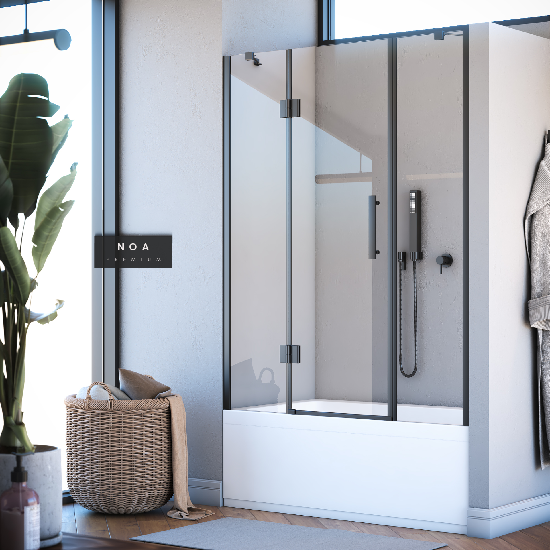 Noa Premium Menteşeli Sistem İki Duvar Arası  2 Sabit 1 Açılır Küvet Üzeri  Duşakabin 145 H160